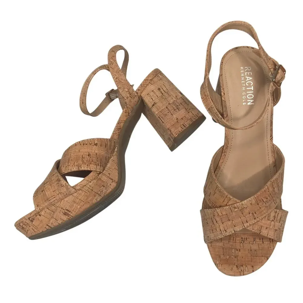 Reaction Kenneth Cole Sandals Women Sz 9 Brown Cork Platform Block Heel